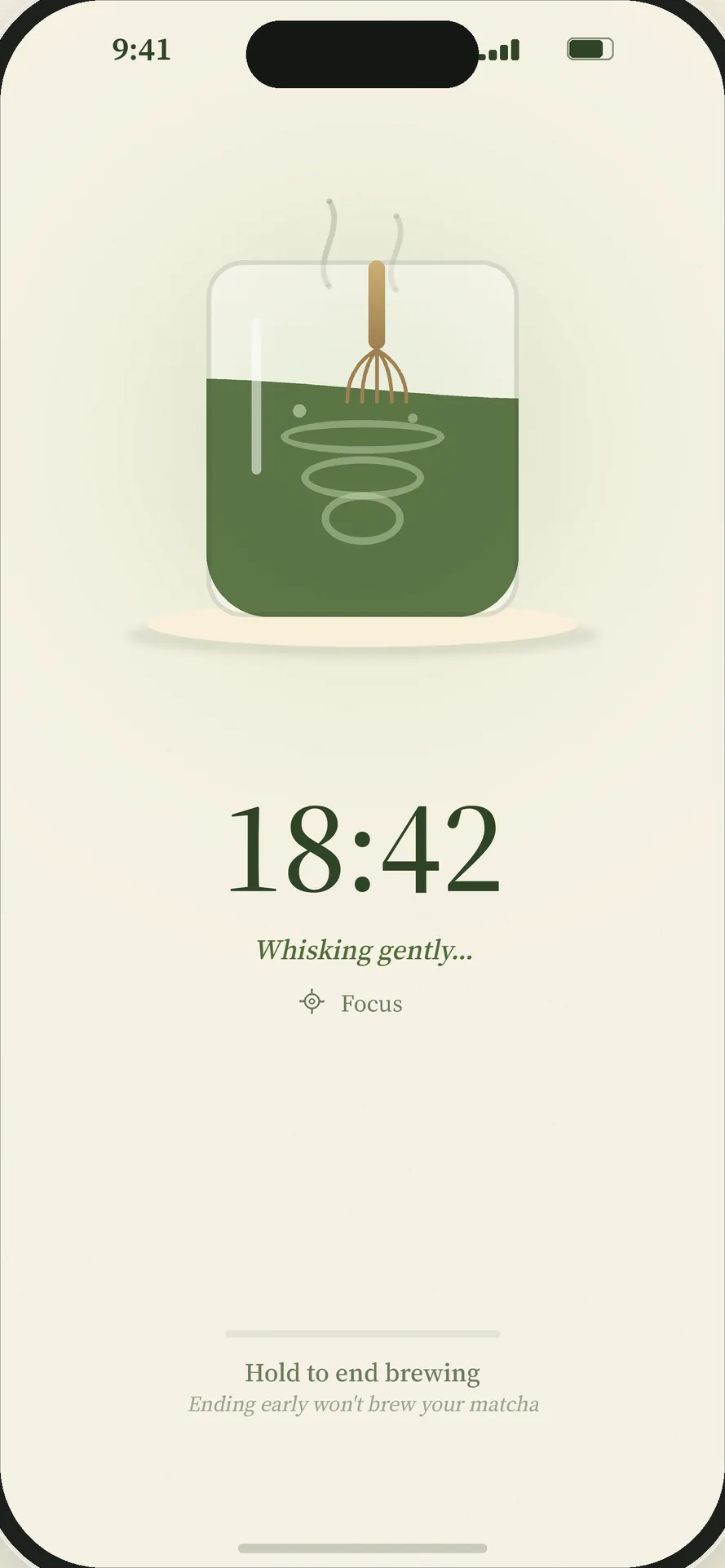 A Matcha Minutes session in progress: a glass of matcha being whisked above an 18:42 countdown.
