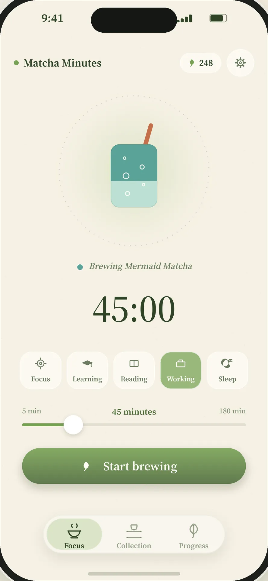 The Matcha Minutes focus screen with a drink selected, a 45:00 timer and a Start brewing button.