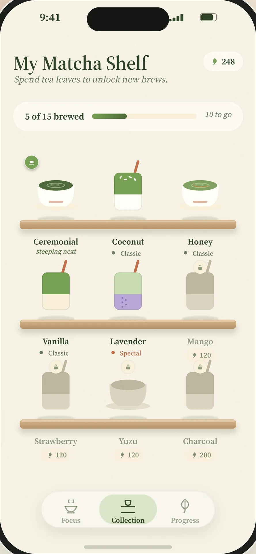 The My Matcha Shelf screen showing collected and locked drinks on wooden shelves.